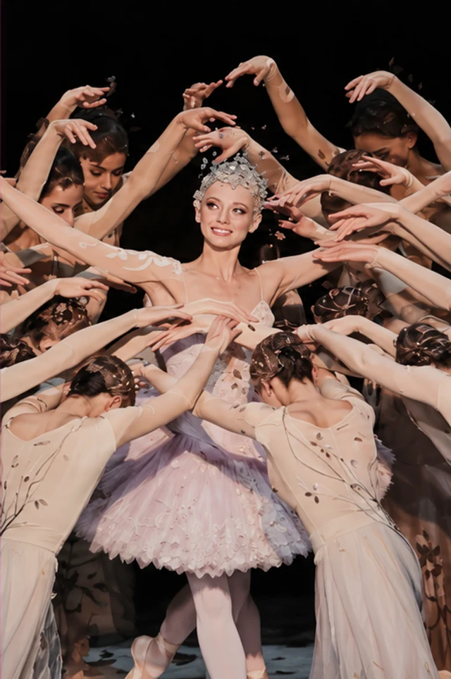 A ballerina framed by the movement of an ensemble